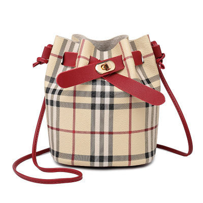 One-shoulder pu bag plaid bucket bag