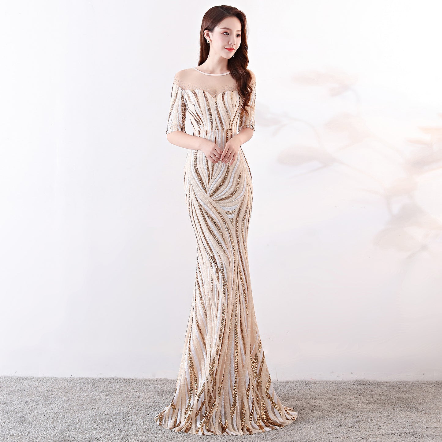 1372#High-end Big Brand Sequin Stripe Color Matching Celebrity Self-cultivation Dinner Host Annual Meeting Dress Long Female