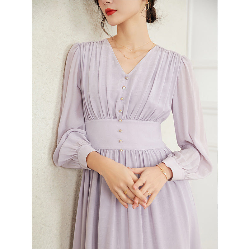 European Pinhui Silk Dress Feminine Long Sleeve Mulberry Silk A-Line Skirt French V-Neck High Waist Thin Large Swing Long Skirt