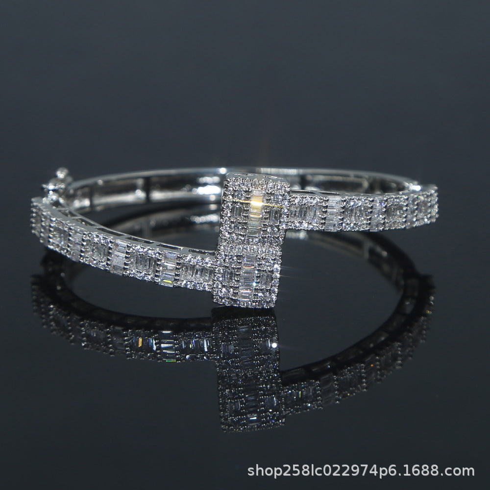 Cross-border Hot Selling Ladder Cubic Zircon Men And Women Couple Bracelets Ins Explosion Bracelet Personality Hiphop T Square Bracelet