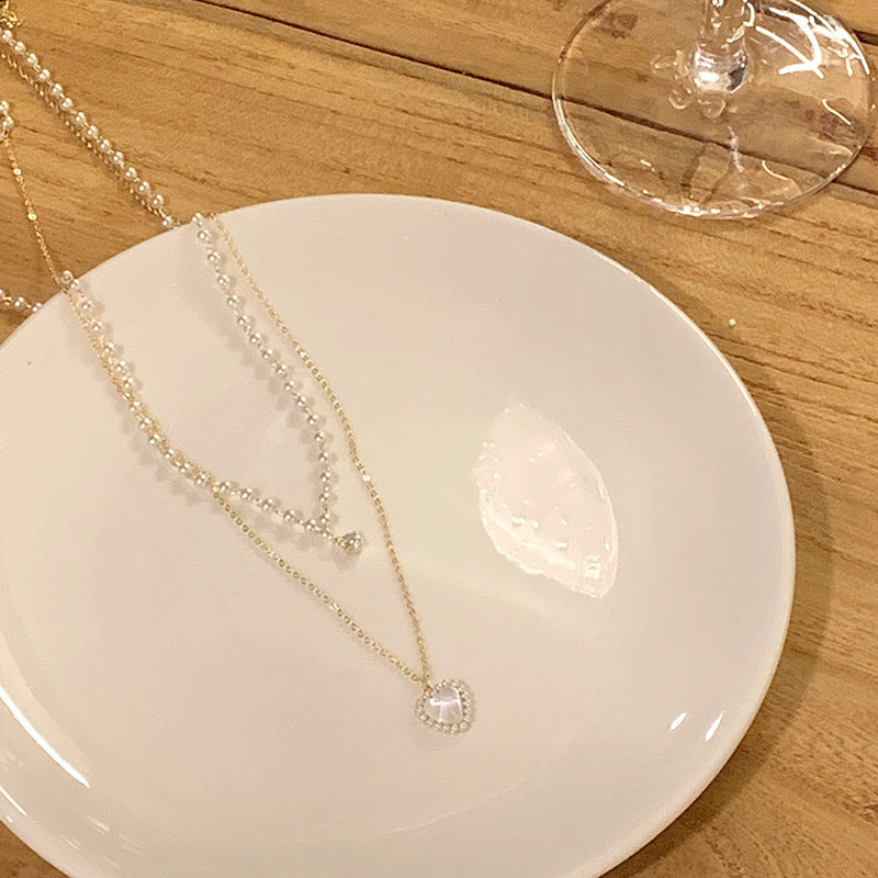 Millet Pearl Double Layer Necklace Women's Summer Necklace Light Luxury Niche Love Heart Clavicle Chain