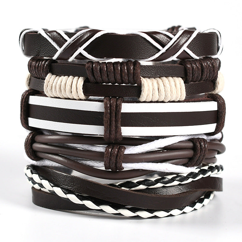 Cross-border European And American Men's Braided Leather Bracelet Multi-layer Set Skull Bracelet Genuine Leather Bracelet