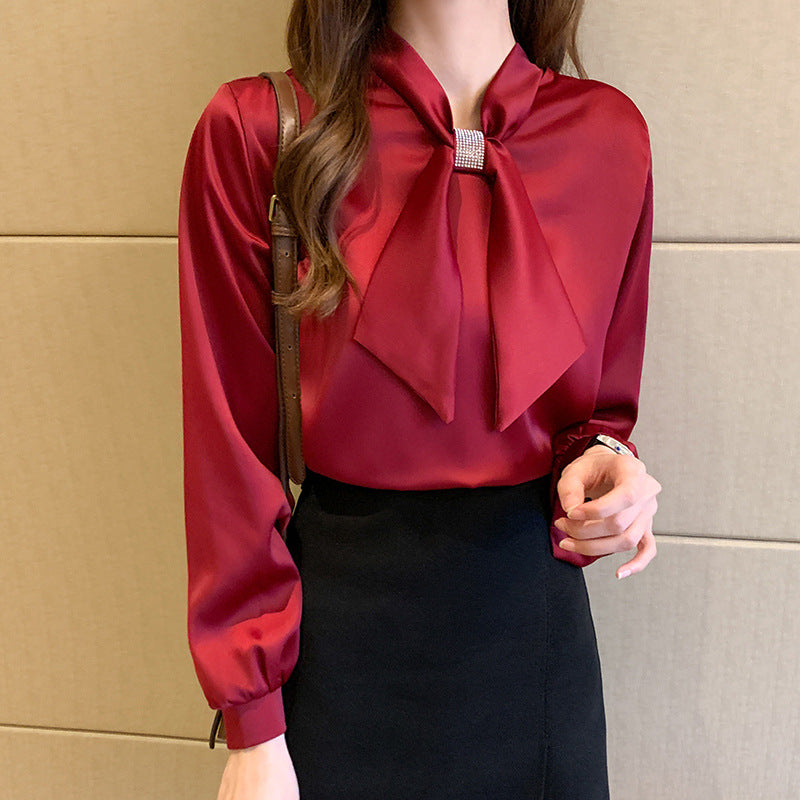 Satin Shirt Women's Design Sense Niche Hot Drill Bow Long-sleeved Shirt Temperament Professional Wear Chiffon Bottoming Top