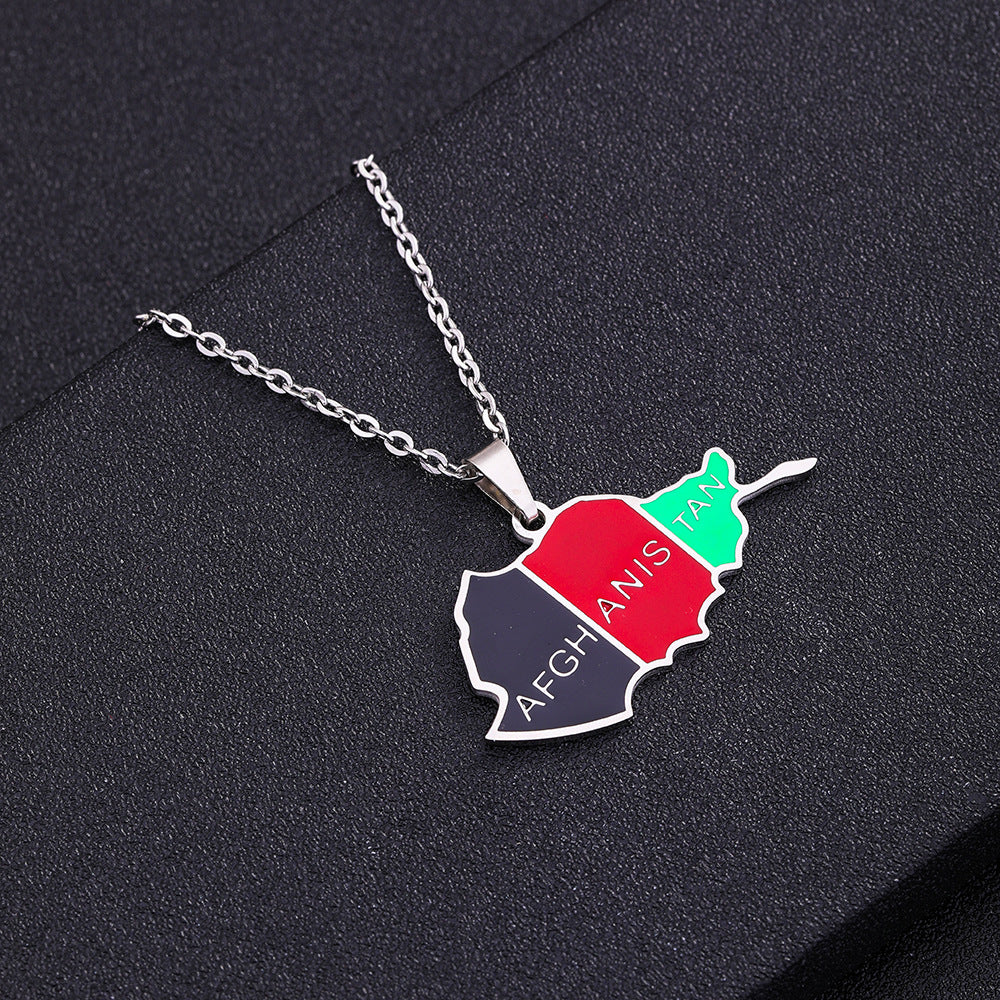 European And American Jewelry Fashionable Ethnic Style Afghanistan Map Pendant Necklace Dripping Oil Geometric Men And Women Stainless Steel Pendant