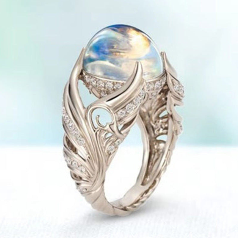 Duowei Wish Cross-border E-commerce Supply Hollow White Swan Colorful Imitation Moonstone Ring Female European And American Popular Jewelry