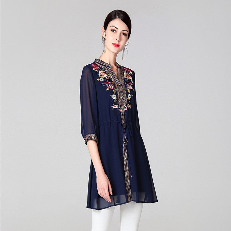 2019 Spring And Summer Loose Ethnic Style Embroidered Top Women's Georgette Embroidery Chinese Style Retro Women's V-neck Shirt