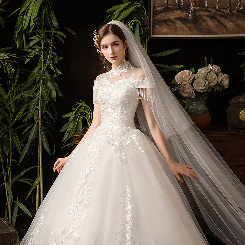 2021 New Bride Luxury Dress , Princess Stand-up Collar Tassel Wedding Dress