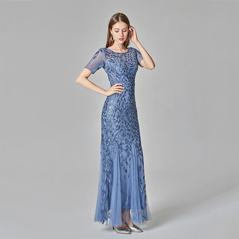 Spring And Summer Cross-border 2022 Banquet Host European And American Slim Mesh Sequined Evening Dress Fishtail Dress Female