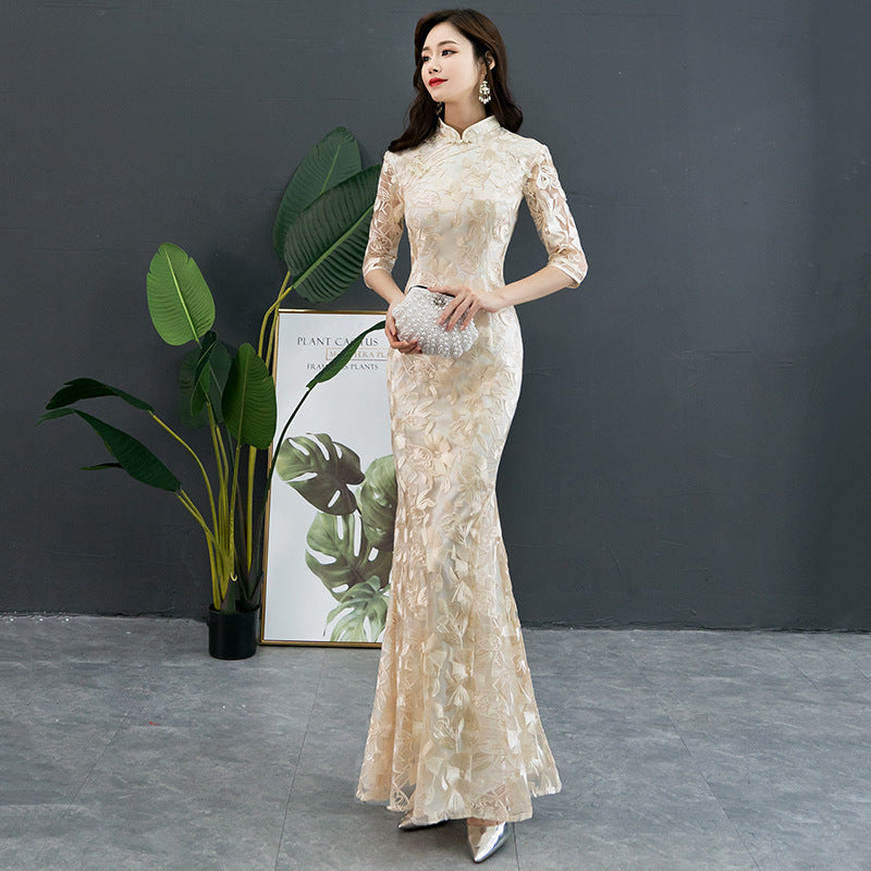 Cheongsam Evening Dress Female 2022 Spring And Summer New Banquet Elegant Temperament Fishtail Annual Meeting Long Dress Champagne Color