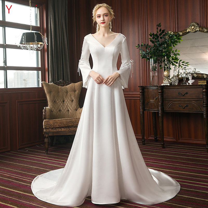 Satin Fishtail Main Wedding Dress 2022 Women's New Bride Long-sleeved Mori Super Fairy Dream Wedding Dress Simple Trailing Tail
