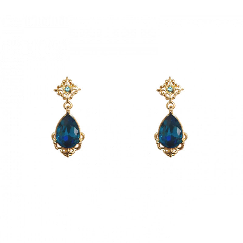 Retro  Palace Style 925 Silver Needle Earrings French Elegant Blue Water Drop Earrings High-end Earrings Female