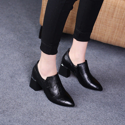 Deep Mouth Pointed Toe Spring Casual Shoes All-Match Mid-Heel Small Leather Shoes