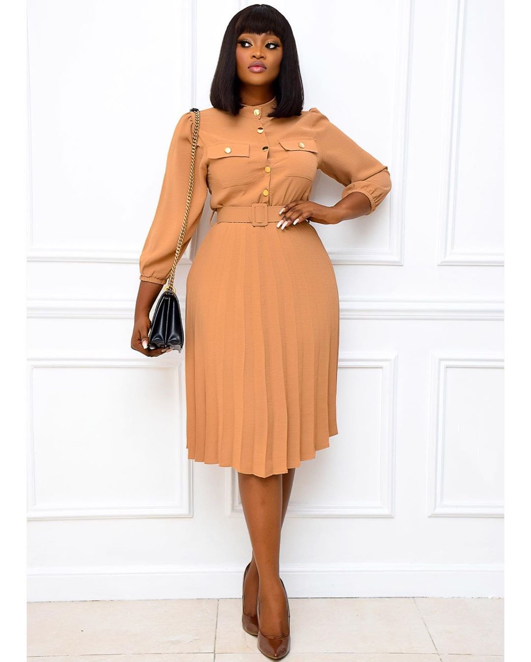 D085 Dress Skirt 2021 Autumn Europe And The United States Foreign Trade Plus Size Women's Solid Color Mid-length Pleated African Dress