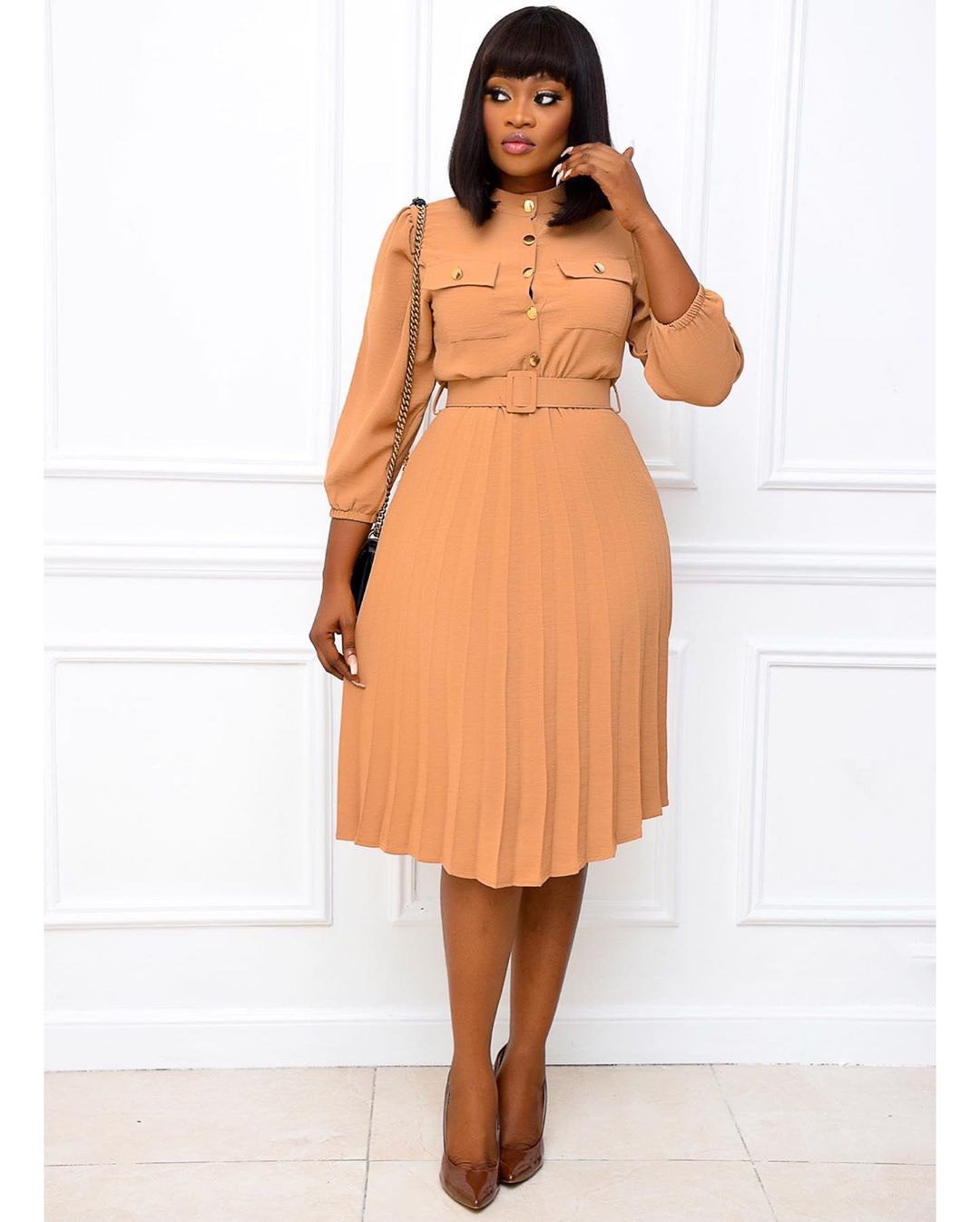 D085 Dress Skirt 2021 Autumn Europe And The United States Foreign Trade Plus Size Women's Solid Color Mid-length Pleated African Dress