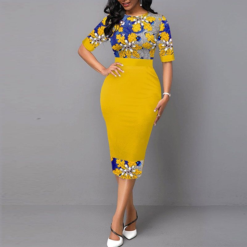 2020 European And American Popular Women's Cross-border Round Neck Printing Stitching Package Hip Temperament Commuter Pencil Dress