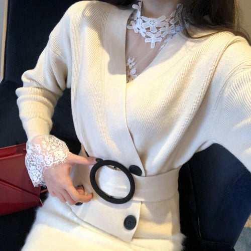 Retro Chic Double-breasted Knitted Cardigan 2020 Autumn And Winter New Fashion V-neck Belt Short Top /sweater Women