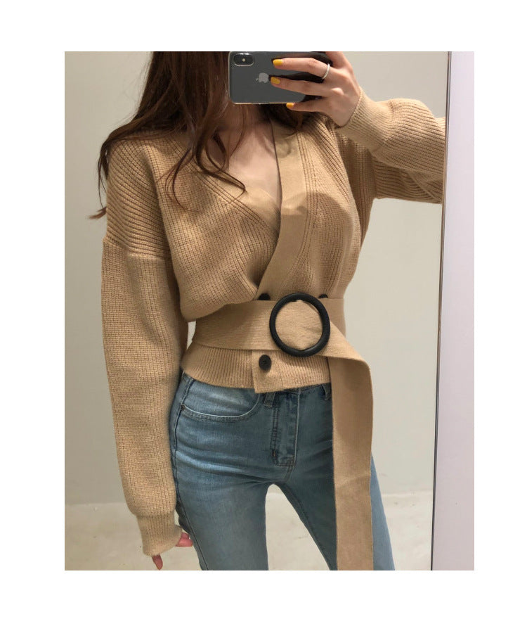 Retro Chic Double-breasted Knitted Cardigan 2020 Autumn And Winter New Fashion V-neck Belt Short Top /sweater Women