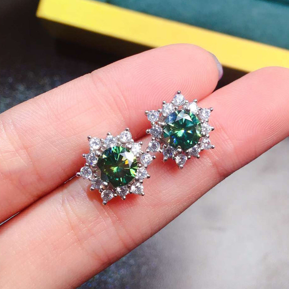 Hearts And Arrows Plated PT950 Simulation Blue And Green Moissan Diamond Simple Earrings Female Vibrato Fast Hand Net Celebrity Live Jewelry