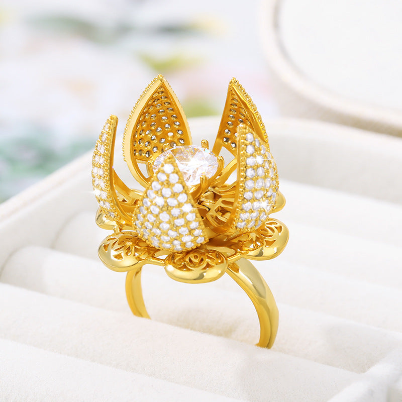 Hollow Opening And Closing Flower Zircon Rotating Ring Women's Wreath Ring Jewelry