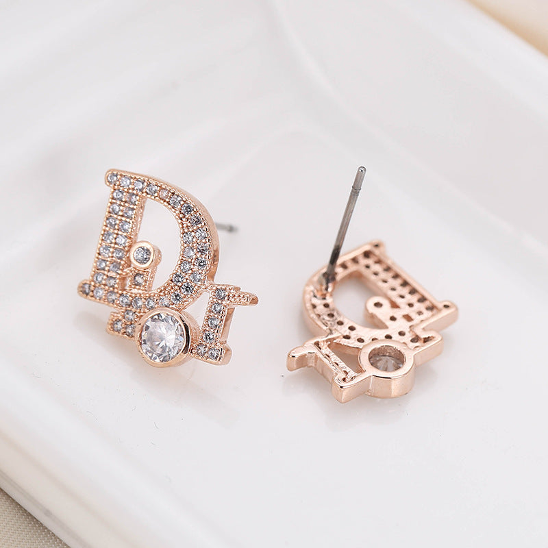 Factory Direct Sale Temperament Simple Earrings Women's White Letters Micro-inlaid Shiny Earrings Foreign Trade Dongdaemun Earrings