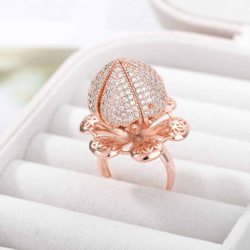 Hollow Opening And Closing Flower Zircon Rotating Ring Women's Wreath Ring Jewelry