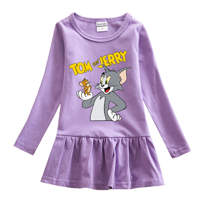 2021 Spring And Autumn New Foreign Trade Children's Clothing Cotton Girls Cartoon Dress Tom Cat And Mouse Princess Skirt