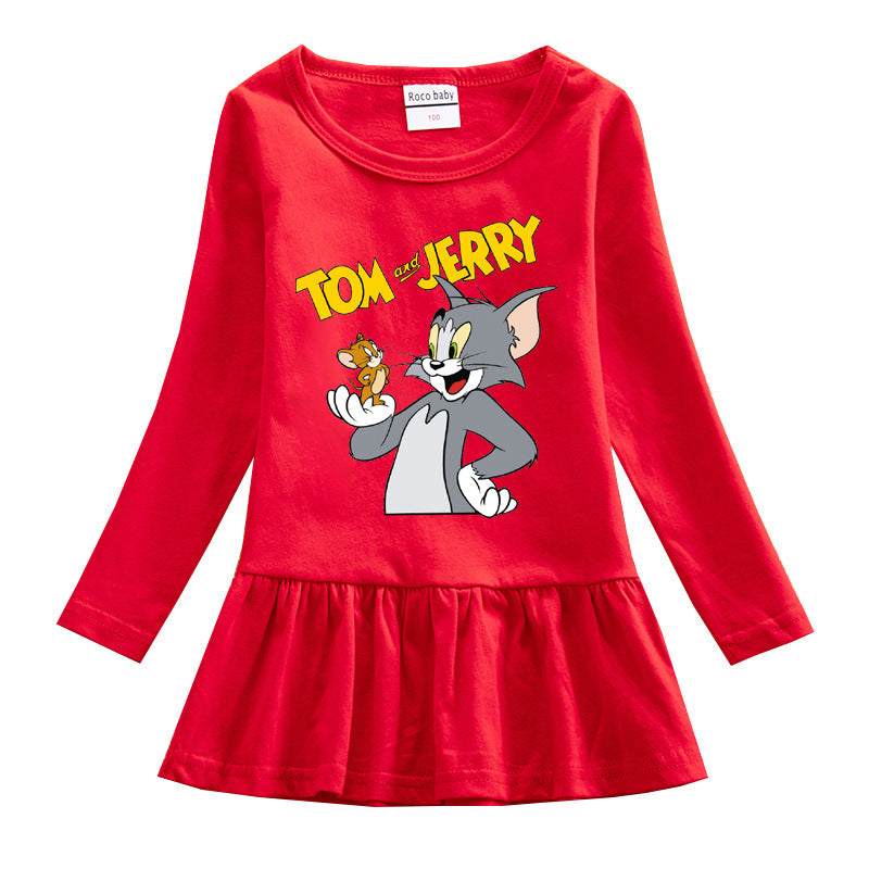 2021 Spring And Autumn New Foreign Trade Children's Clothing Cotton Girls Cartoon Dress Tom Cat And Mouse Princess Skirt