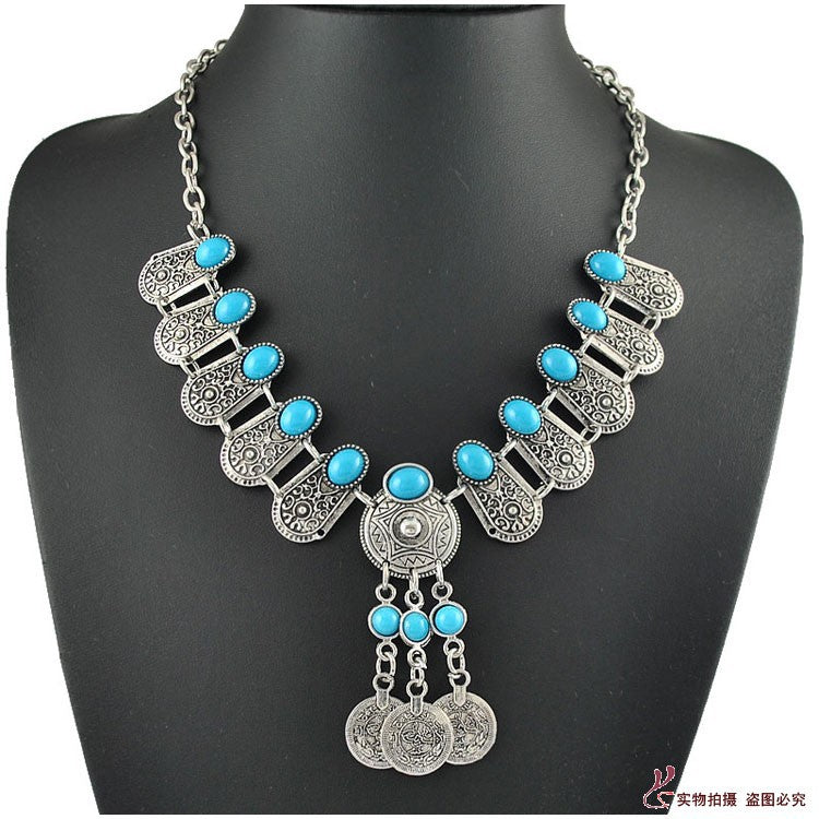 Middle East Turkish Style Ancient Coins Tassels Gems Short Necklace Sweater Chain