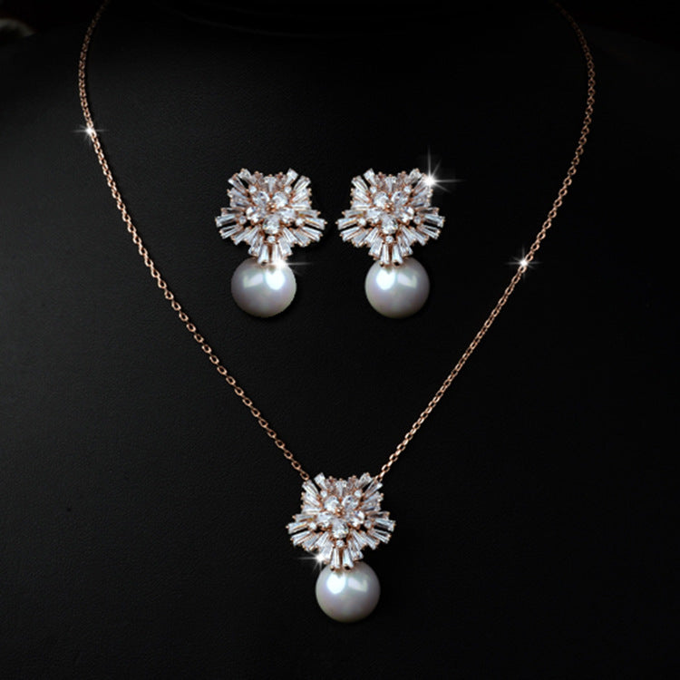 Korean temperament luxury high-grade pearl necklace earrings set with zircon jewelry micro all-match fashion bride