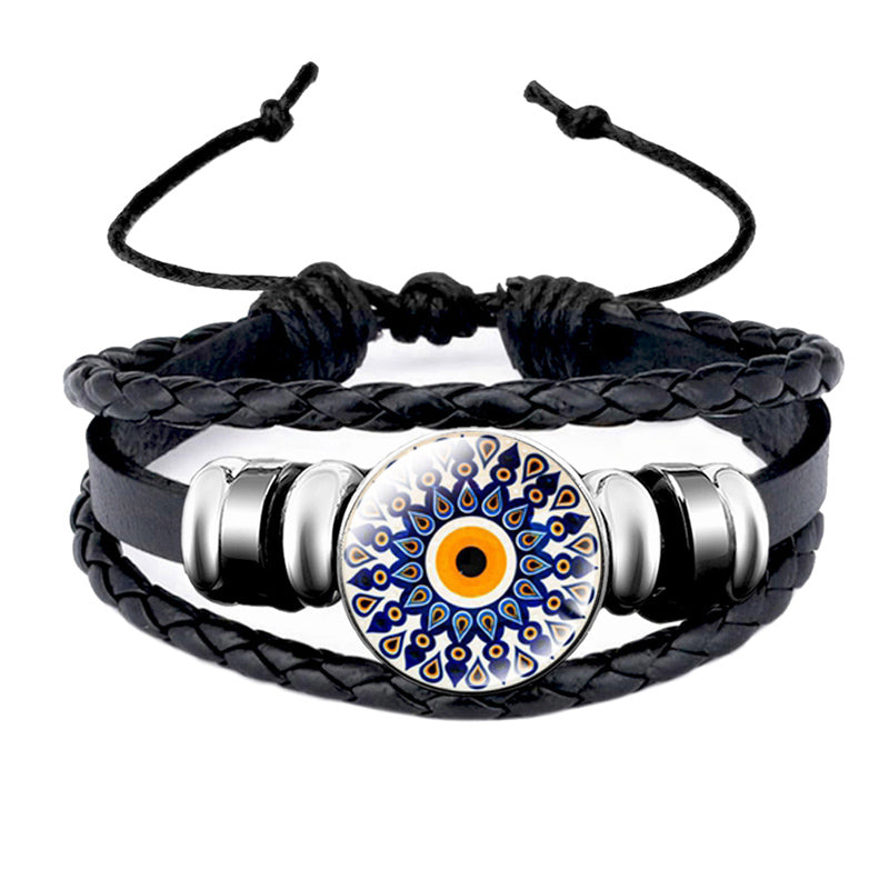 Turkish Blue Eye Glass Snap Button Leather Rope Chain Bracelet