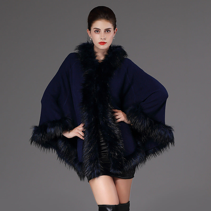 New Products Loose Imitation Raccoon Fur Collar Hooded Sweater Cardigan Shawl Cloak Coat Women