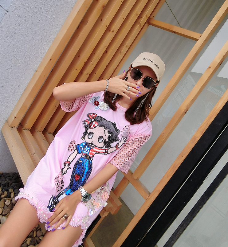 New Cute Pink Lace T-shirt 2021 Fashion Hip Hop Bling Cartoon Girl Long T-shirt Cool T Shirt For Stage Dance Club Party Women Top
