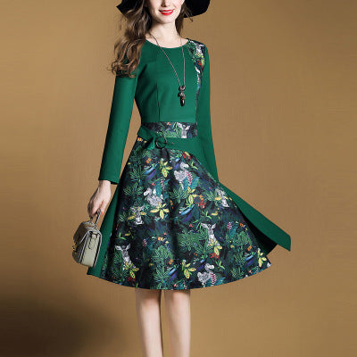 2021, autumn and winter new women dress slim, fashion printed long sleeves A word dress girl