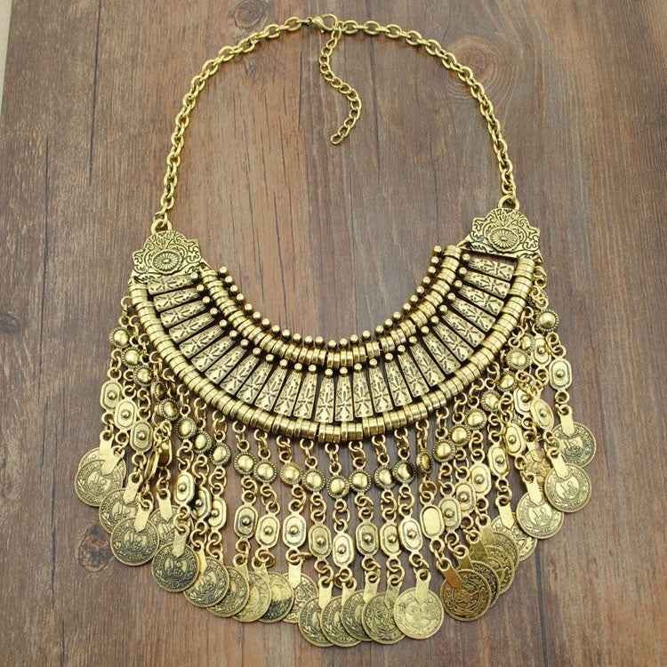 Big Retro Alloy Tassel Necklace Personality Exaggerated Electroplating Female Clavicle Chain Coin Tassel Necklace