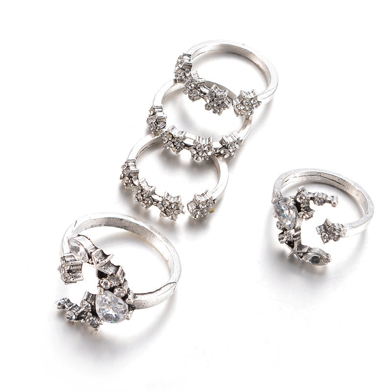 European And American Bohemia 5-piece Diamond Set Ring Women's Retro Wedding Festival Star Moon Crystal Ring
