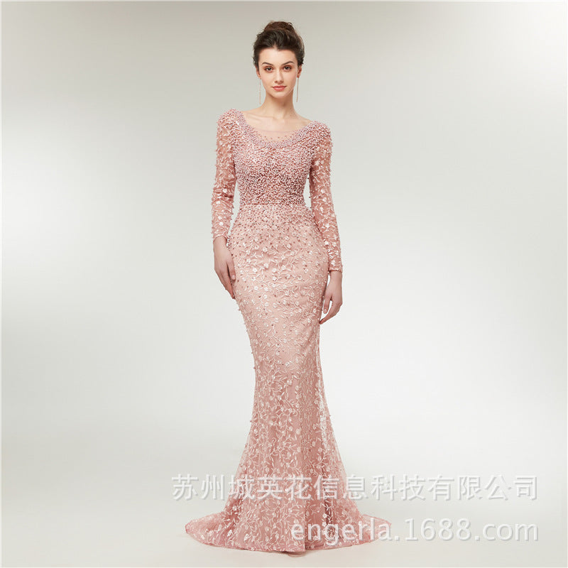 Engerla Wedding Dress 2021 Spring New Dress Long-sleeved Fishtail Beaded Evening Dress