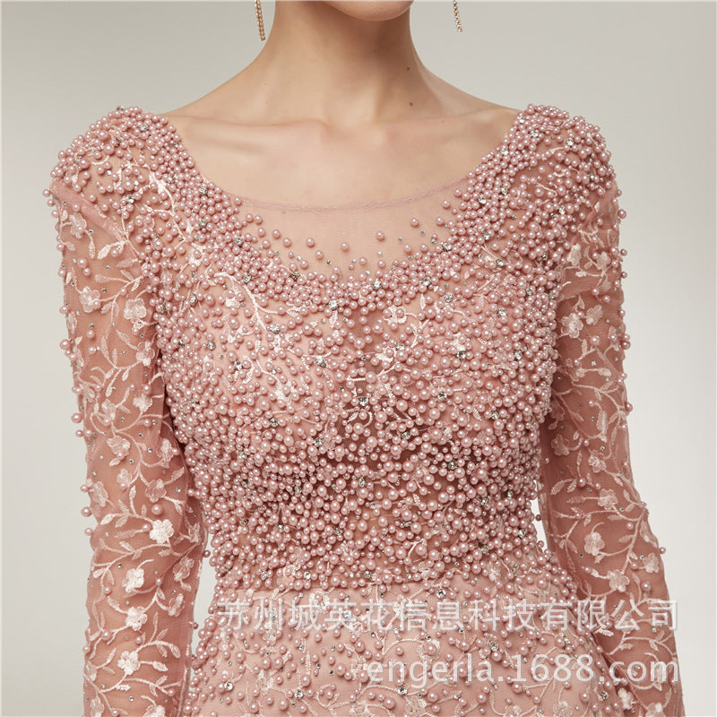 Engerla Wedding Dress 2021 Spring New Dress Long-sleeved Fishtail Beaded Evening Dress