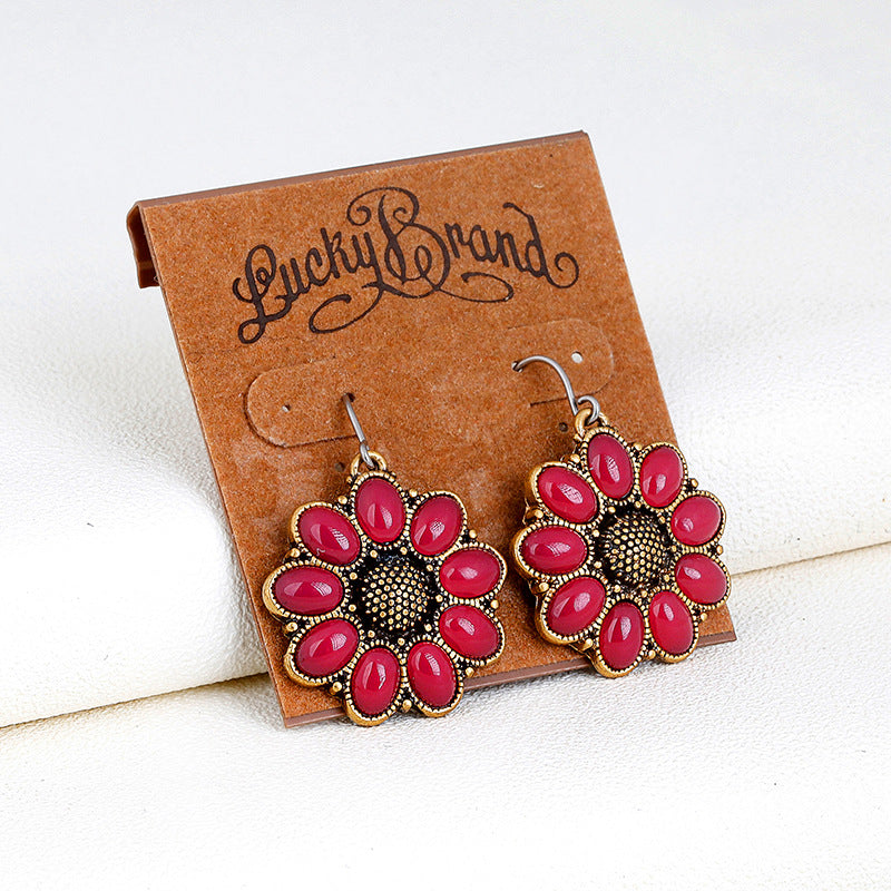 Retro Gold Alloy Inlaid With Red Gems, Sun Flowers, Exaggerated Large Earrings, Female Earrings