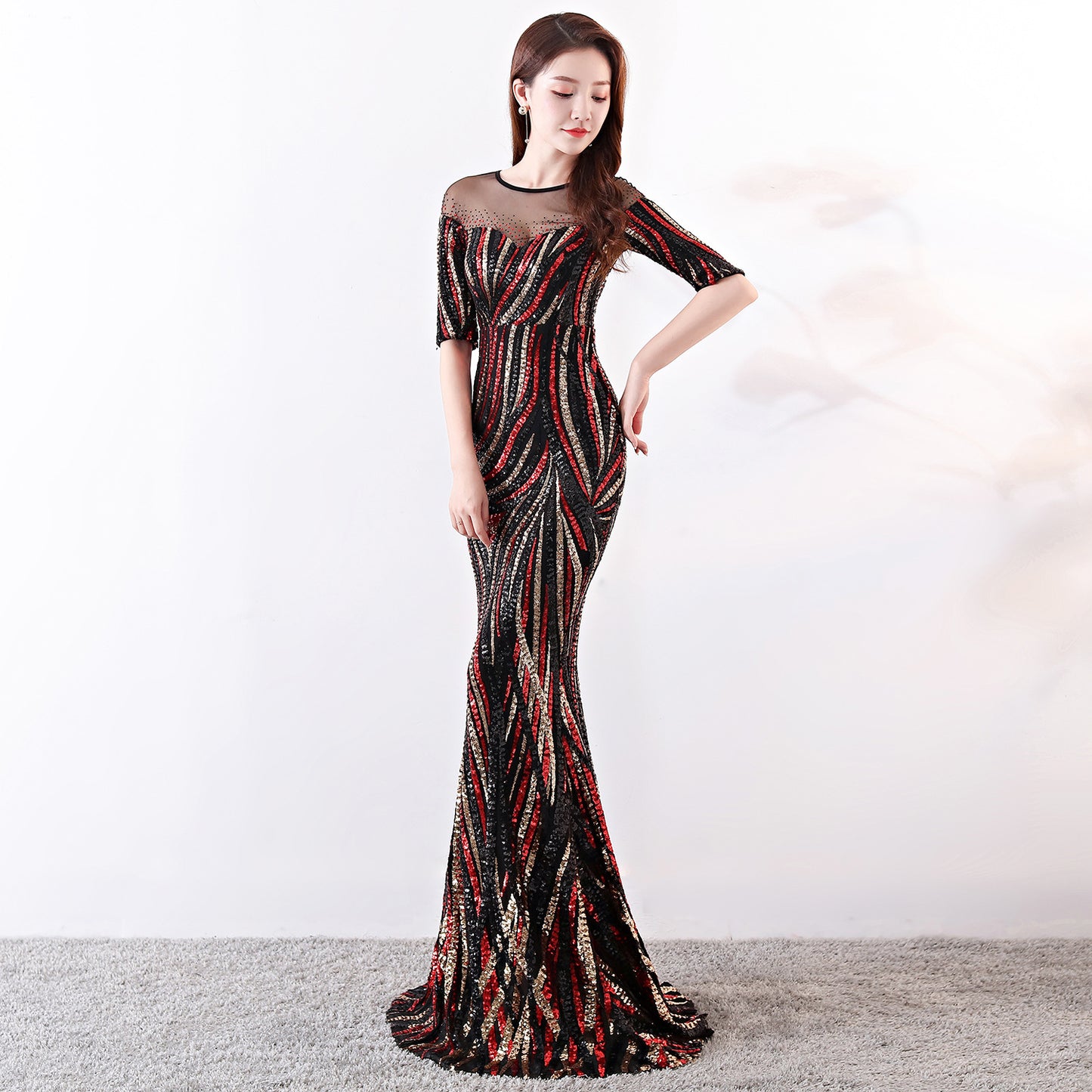 1372#High-end Big Brand Sequin Stripe Color Matching Celebrity Self-cultivation Dinner Host Annual Meeting Dress Long Female