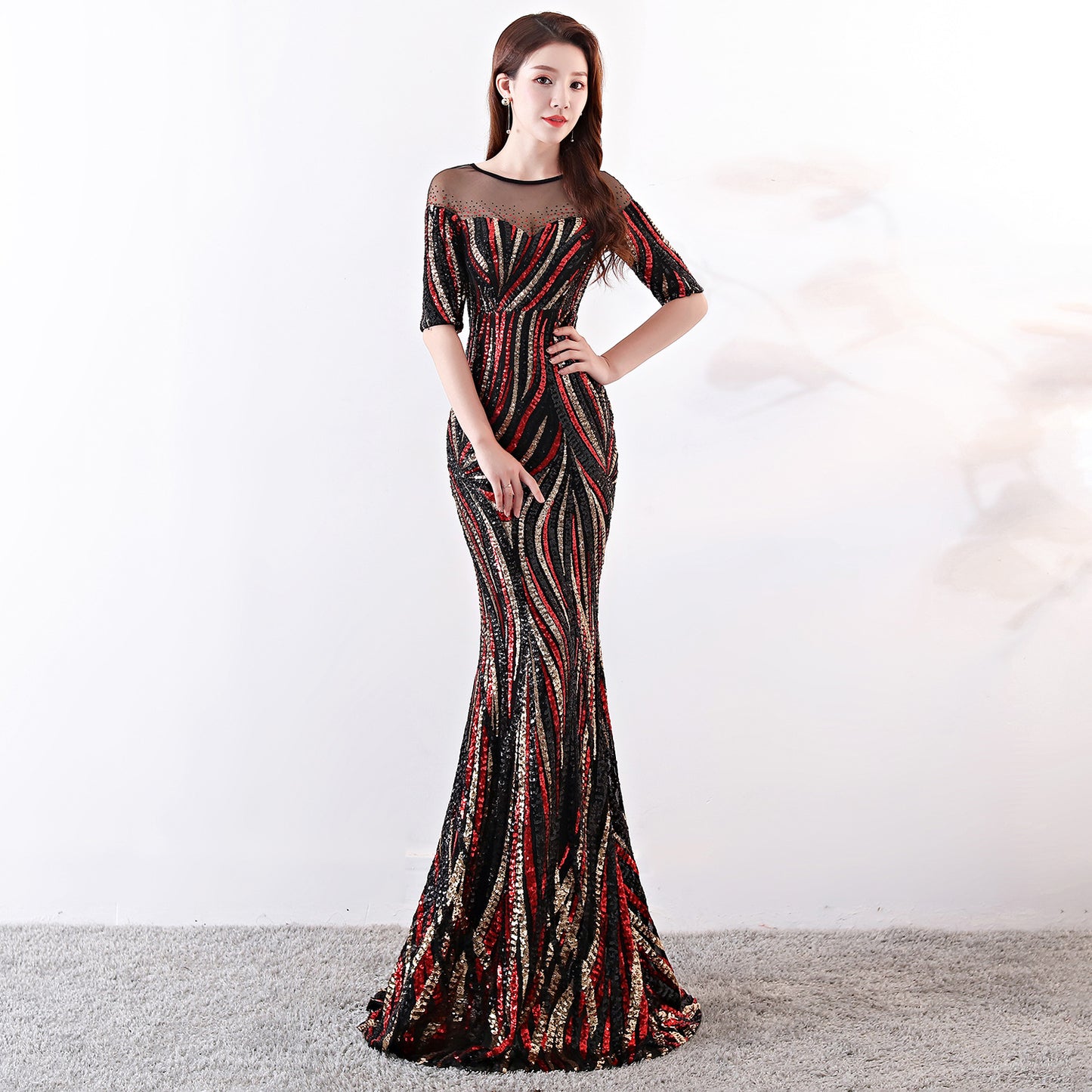 1372#High-end Big Brand Sequin Stripe Color Matching Celebrity Self-cultivation Dinner Host Annual Meeting Dress Long Female