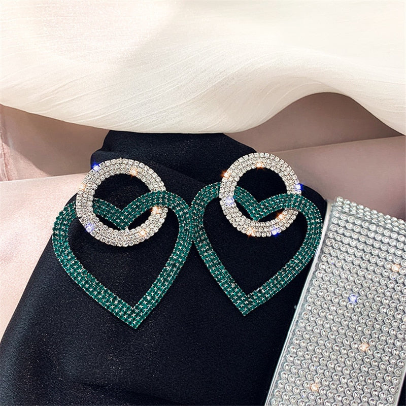 FYUAN Green Pink Heart Crystal Earrings for Women Oversize Circle Rhinestone Drop Earrings Statement Earrings Gifts