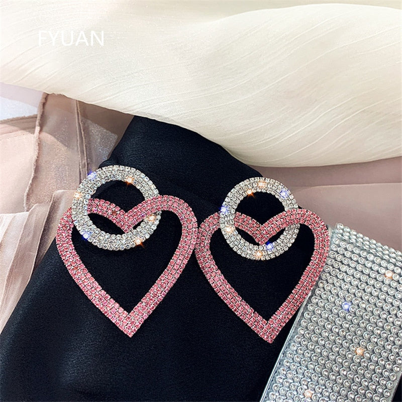 FYUAN Green Pink Heart Crystal Earrings for Women Oversize Circle Rhinestone Drop Earrings Statement Earrings Gifts