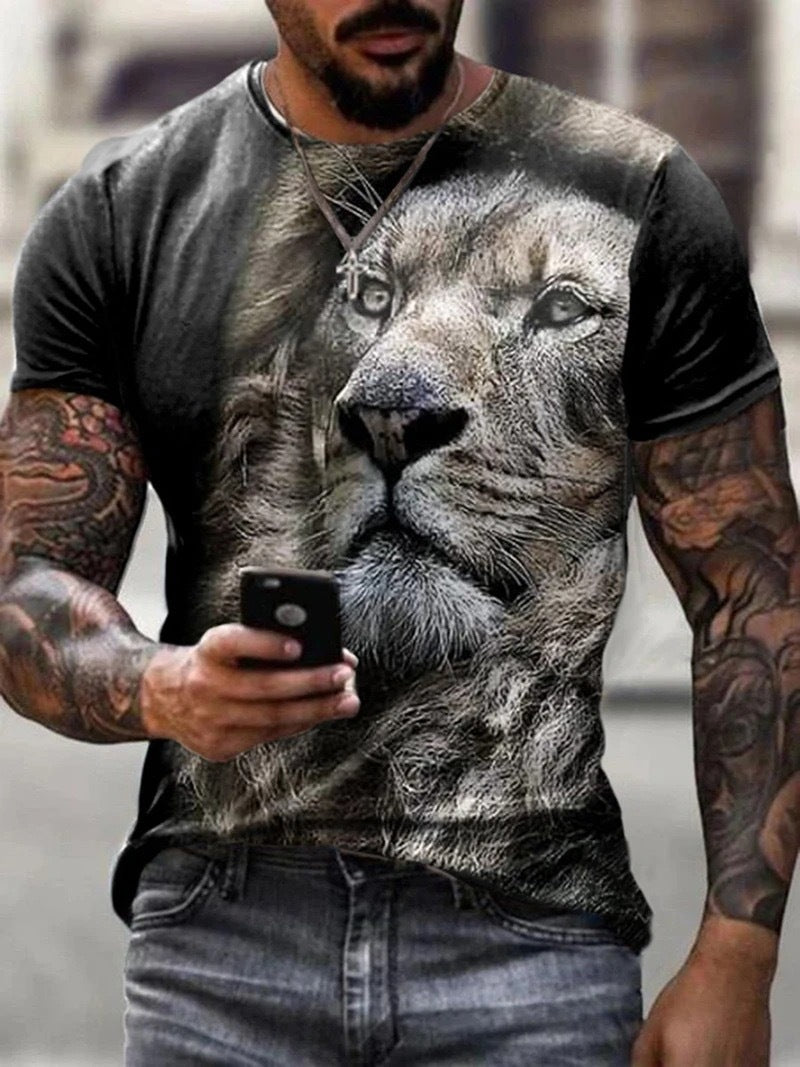 Summer New Men's Short-sleeved Plus Size T-shirt Pullover Round Neck 3D Printing Spot Animal Tiger