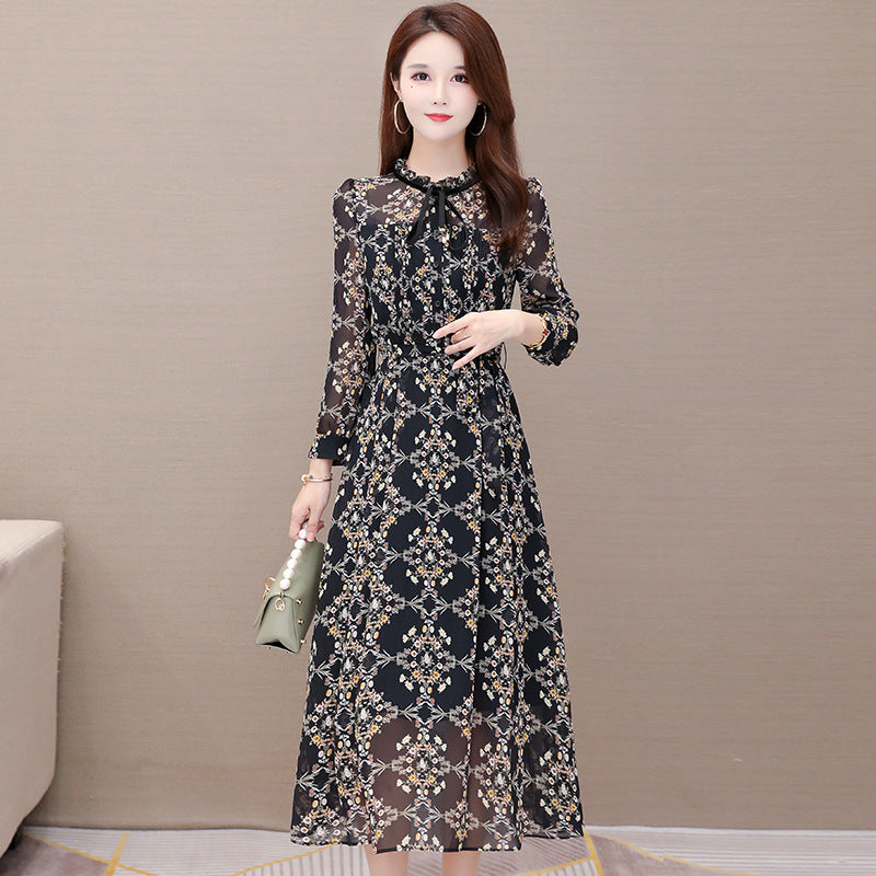 Chiffon Printed Dress Female Autumn New Style 2021 Korean Lace-up Women's Fashion Elegant Mid-length Base Skirt
