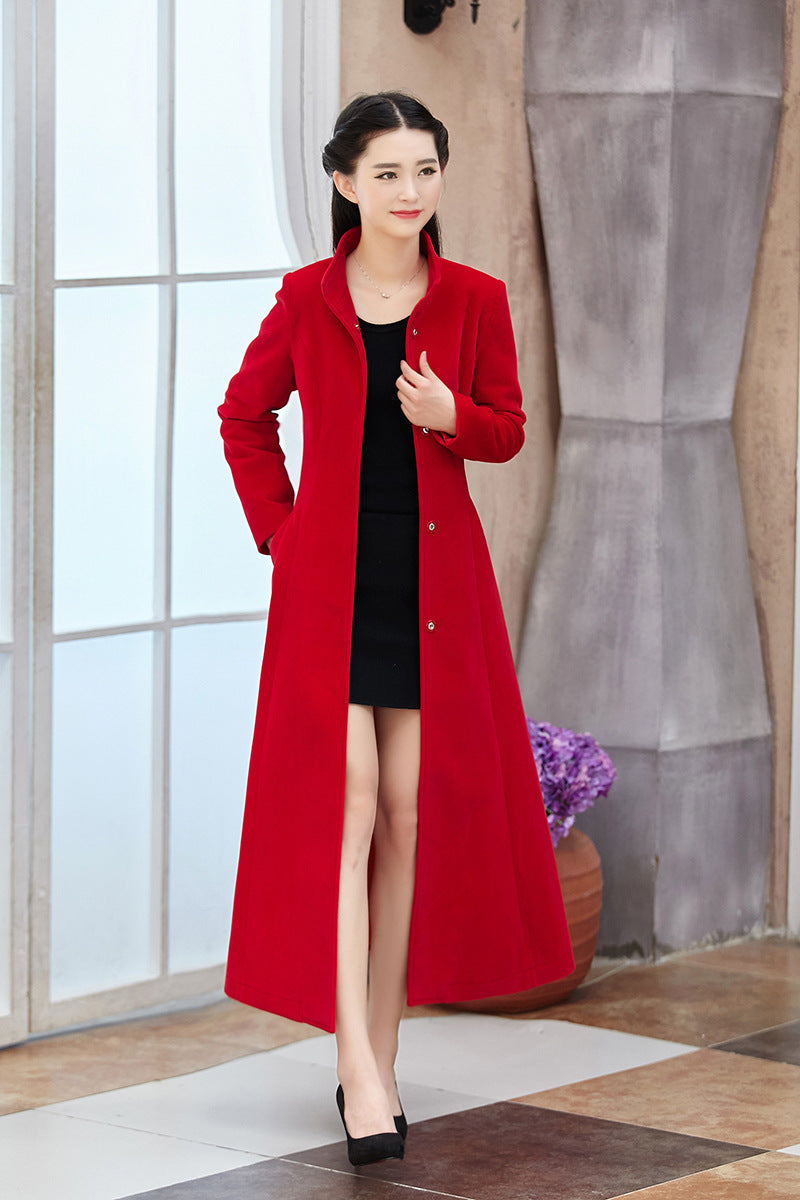 Autumn And Winter Women's Over-the-knee Woolen Coat In The Long Section Temperament Slim Slimming Small Stand-up Collar Woolen Coat