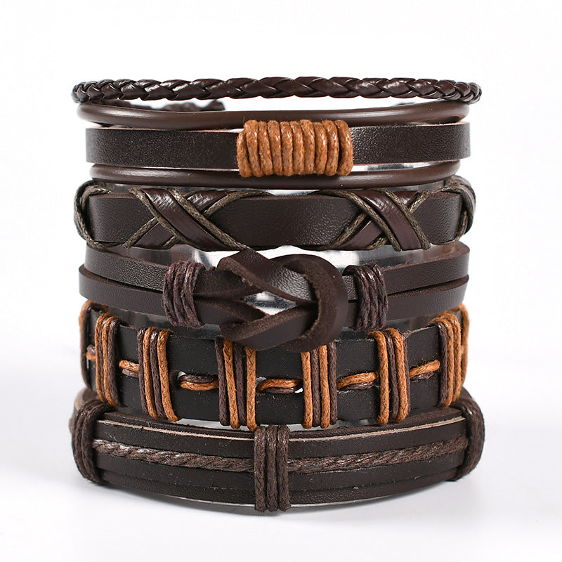 Cross-border European And American Men's Braided Leather Bracelet Multi-layer Set Skull Bracelet Genuine Leather Bracelet