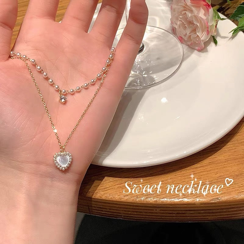 Millet Pearl Double Layer Necklace Women's Summer Necklace Light Luxury Niche Love Heart Clavicle Chain