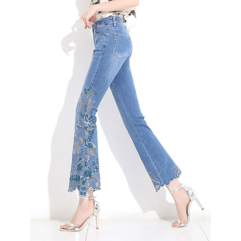 Summer Chinese Style Nine Points High Waist Embroidered Flower Micro Flared Jeans Ladies 2022 Tall And Thin Trendy Pants