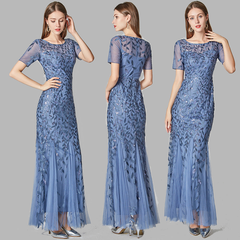 Spring And Summer Cross-border 2022 Banquet Host European And American Slim Mesh Sequined Evening Dress Fishtail Dress Female