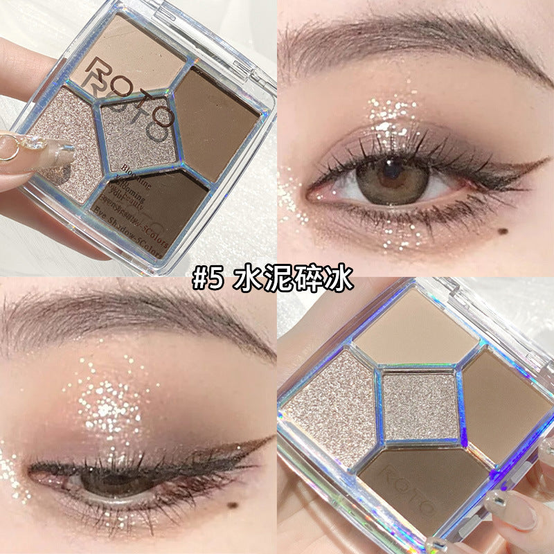 ROTO Eye Shadow Plate Matte Pearlescent Fine Glitter Cold Brown Earth Color Student Affordable Small Plate Five-color Eye Shadow Female Early